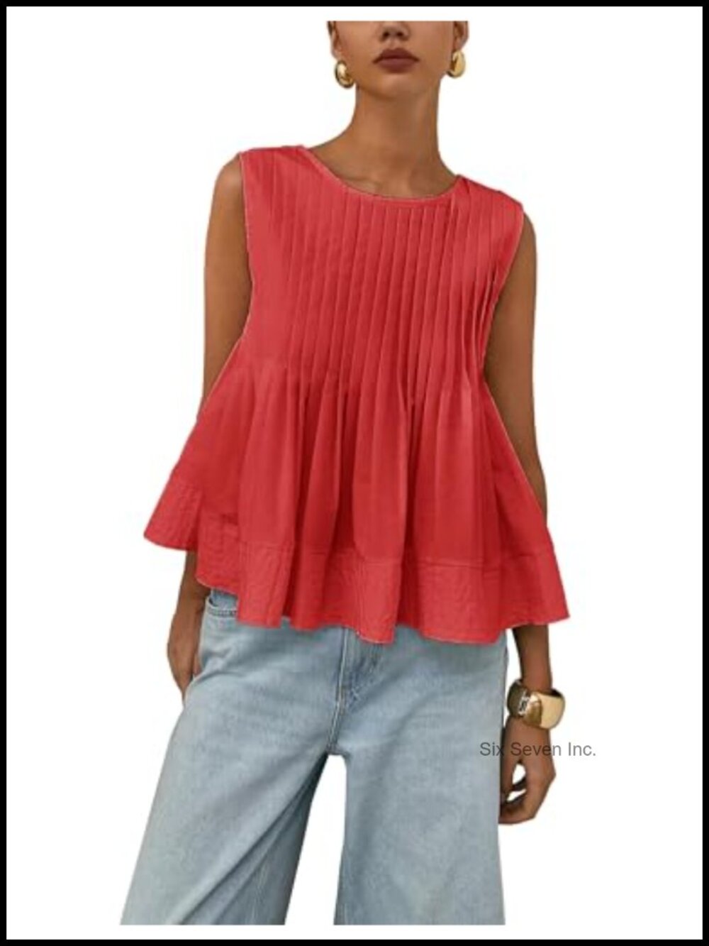Sleeveless Pleated Peplum Babydoll Tank Top Crew Neck Back Button Blouse